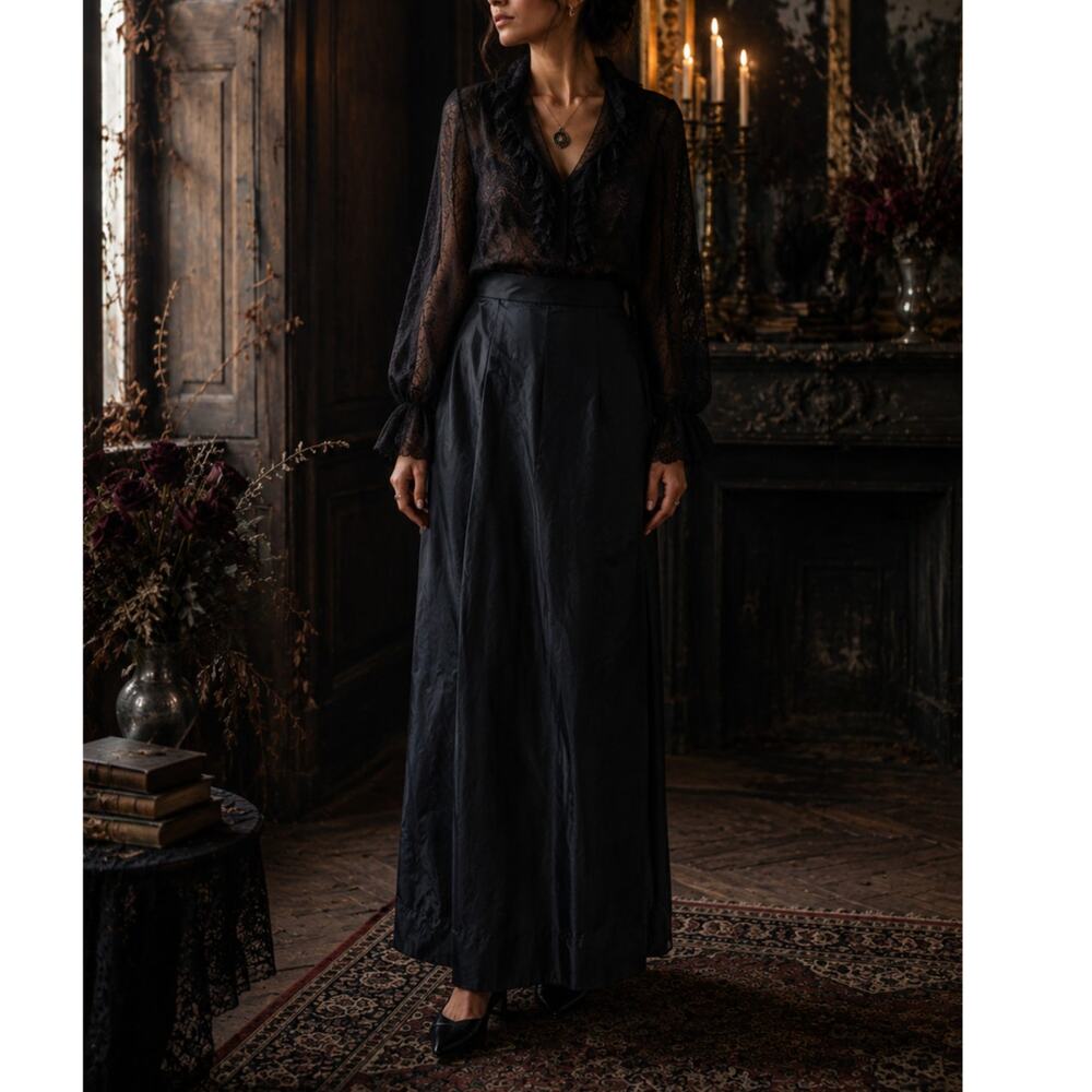 Vintage Betsys Black Taffeta Maxi Skirt Pleated Dramatic Formal Evening size M - Picture 4 of 11